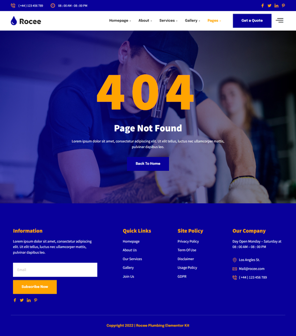 Rocee - Plumbing Service amp Maintenance Elementor Template Kit TFx