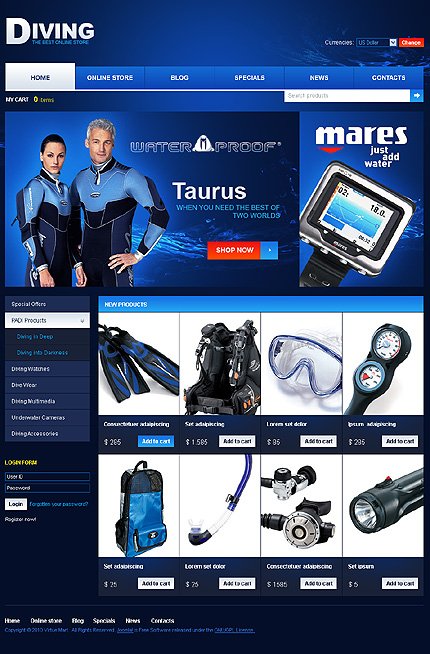 Black & White Diving VirtueMart Template by Mercury TMT