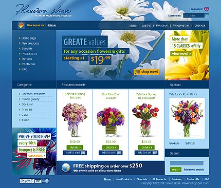 Blue & White Flower Shop Zen Cart Template by Glenn Zen Cart  TMT