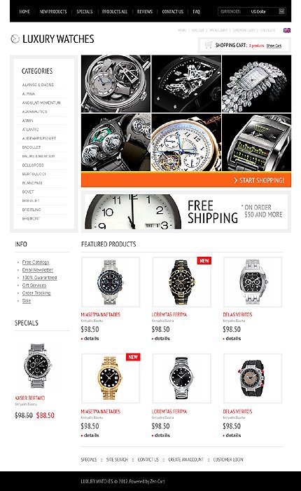 White & Black Watches Zen Cart Template by Delta Zen Cart  TMT