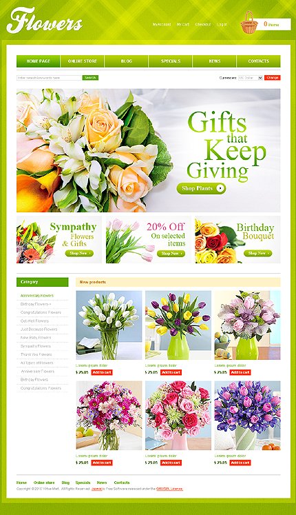 White & Green Flower Shop VirtueMart Template by Mercury TMT