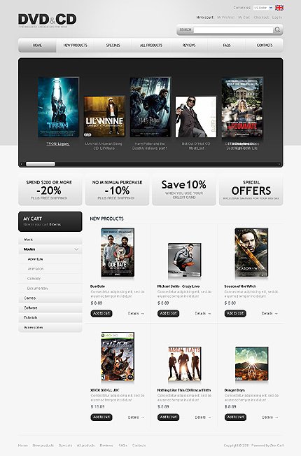 White & Grey DVD Store Zen Cart Template by Mercury Zen Cart  TMT
