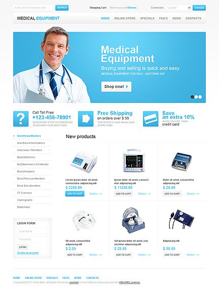 White Medical Equipment VirtueMart Template by Mercury TMT