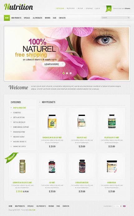 White Nutrition Store Zen Cart Template by Hermes Zen Cart  TMT