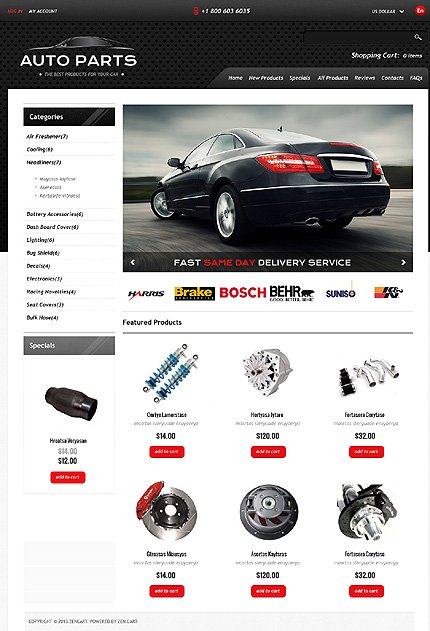 White & Black Auto Parts Zen Cart Template by Delta TMT