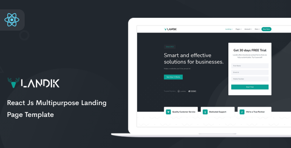 Landik - React Js Multipurpose Landing Page Template TFx